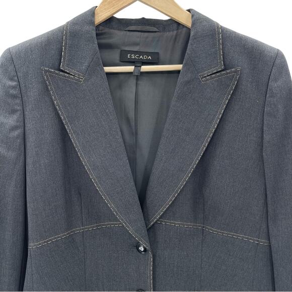 Escada Margaretha Ley Wool Contrast Stitch Denim Look Gray 2 Button Blazer US 12 - Picture 3 of 10